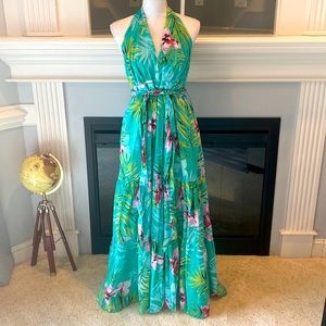 New York & Company Teal Floral Halter Dress